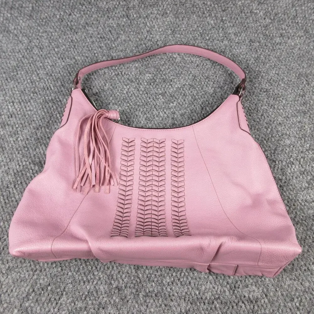 The Sak Hobo Bag Womens Large Pink Leather Woven Tassel Zip Silver Hardware